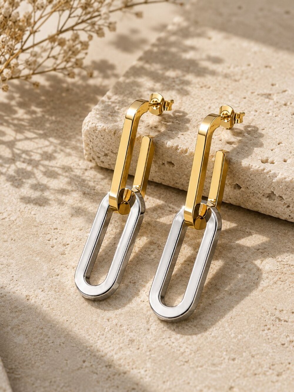 18K Gold Plated 316L SS Two Tone Convertible Link Drop Earrings Old Money 1.5"